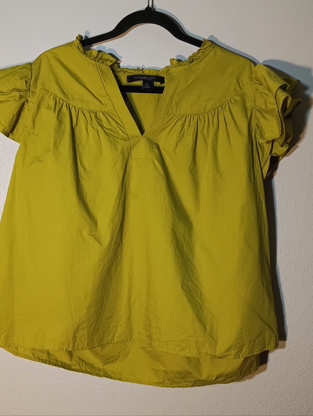 Club Monaco Yellow Ruffle-Sleeve Split-Neck Blouse